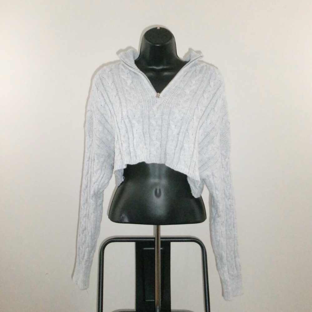 Garage Grey Cable Knit Cropped Quarter Zip Sweater